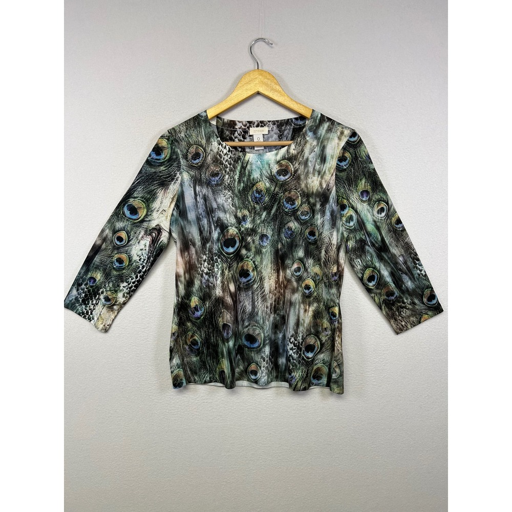Boho Chic Chicos Womens Size Small Green Peacock Feather Rhinestone Knit Top